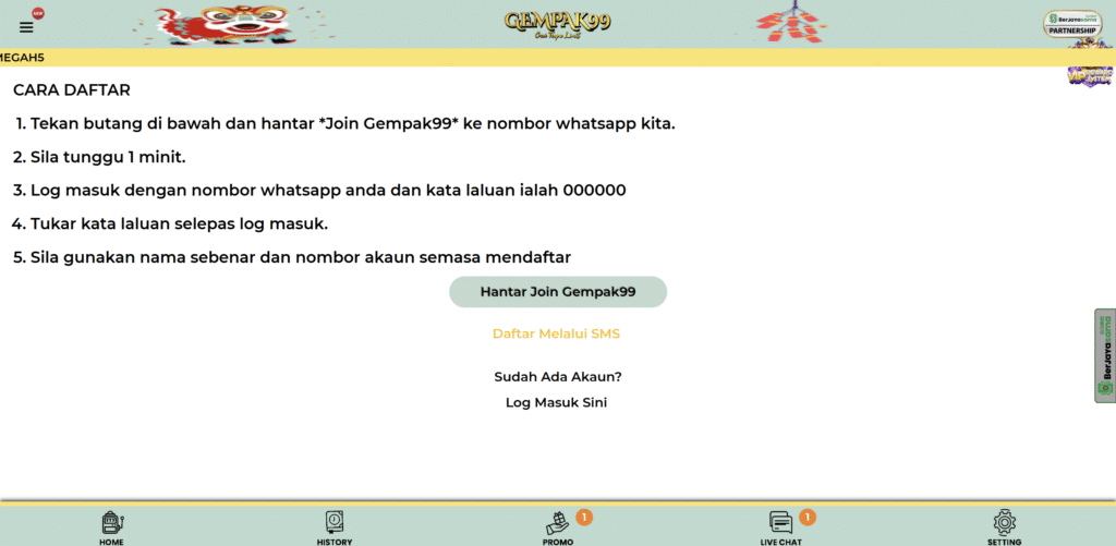 Gempak99's casino steps to register via whatsapp
