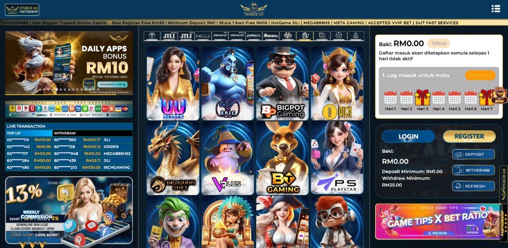 Syukur668 slot games offered.